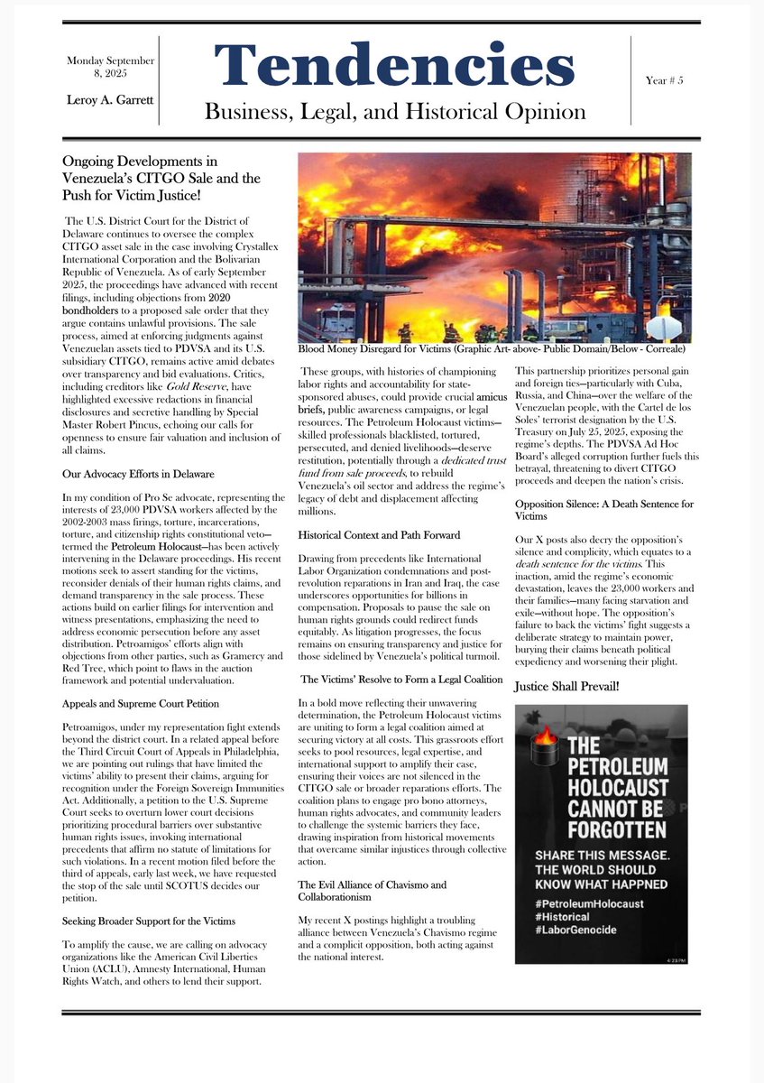The fight for Venezuela’s 23,000 Petroleum Holocaust victims—PDVSA workers brutally purged in 2002-2003—takes center stage. As the CITGO sale unfolds in the U.S. courts, my advocacy in Delaware, the Third Circuit appeal, and a U.S. Supreme Court petition highlight a desperate