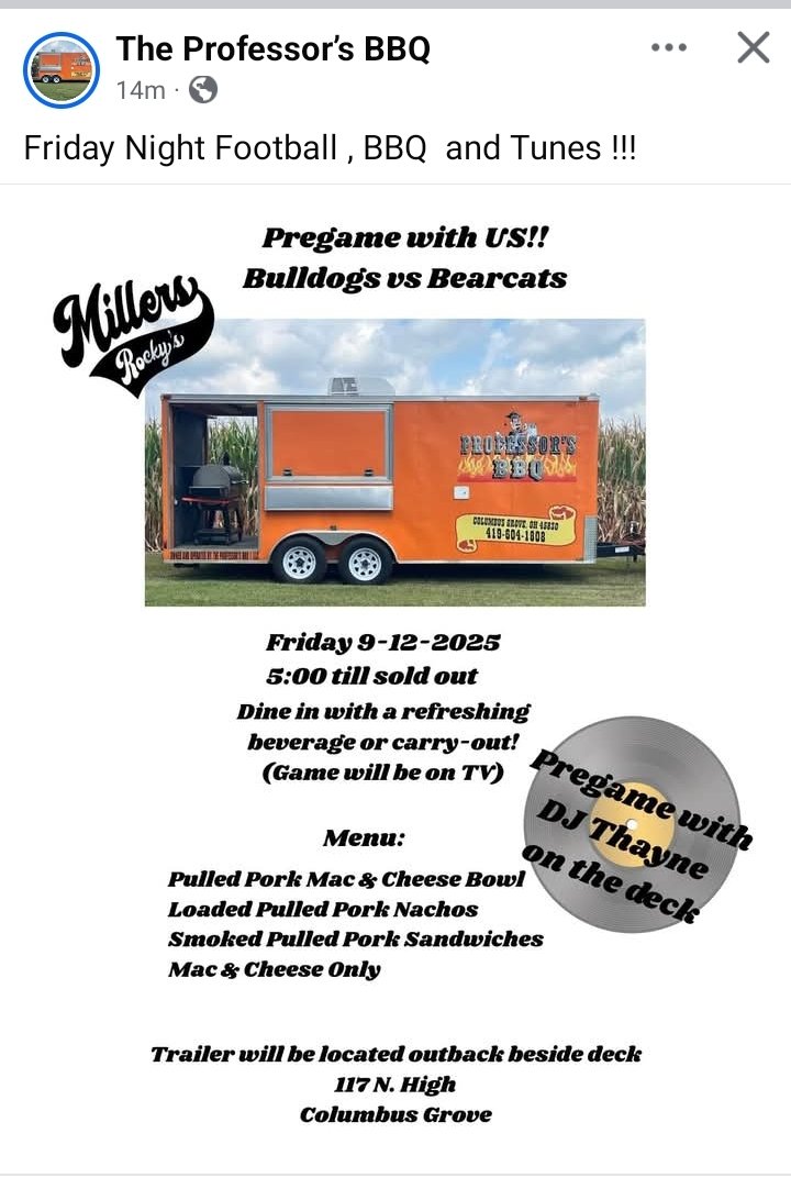 Let The Professor cook supper for ya before Friday night Football at Clymer Stadium.   Go visit <a href="/millerslunch32/">Miller's Lunch</a> before
    <a href="/CGFootball/">CG Bulldog Football</a> tangles with <a href="/SVFootball23/">Spencerville Football</a>