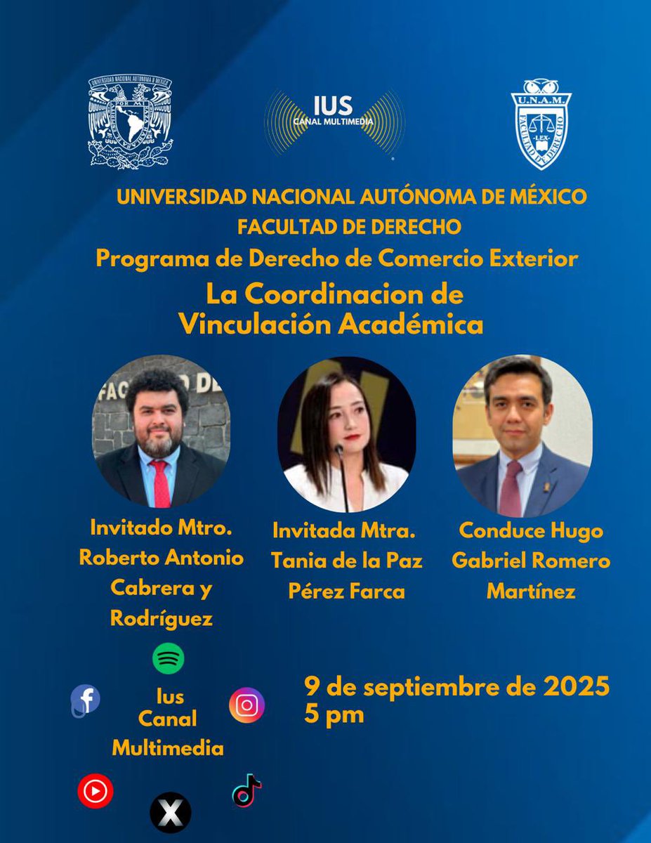 Feliz y muy agradecida con mis amigos <a href="/hugoromerom/">Hugo Romero</a> y <a href="/robertoacyr8/">Roberto Cabrera</a> por compartir un espacio en <a href="/IUSCanalM/">IUS CANAL MULTIMEDIA</a> para el intercambio de ideas en el marco de la #CUSGR 
¡No se lo pierdan! 🎙️<a href="/DerechoUNAMmx/">Facultad de Derecho</a>