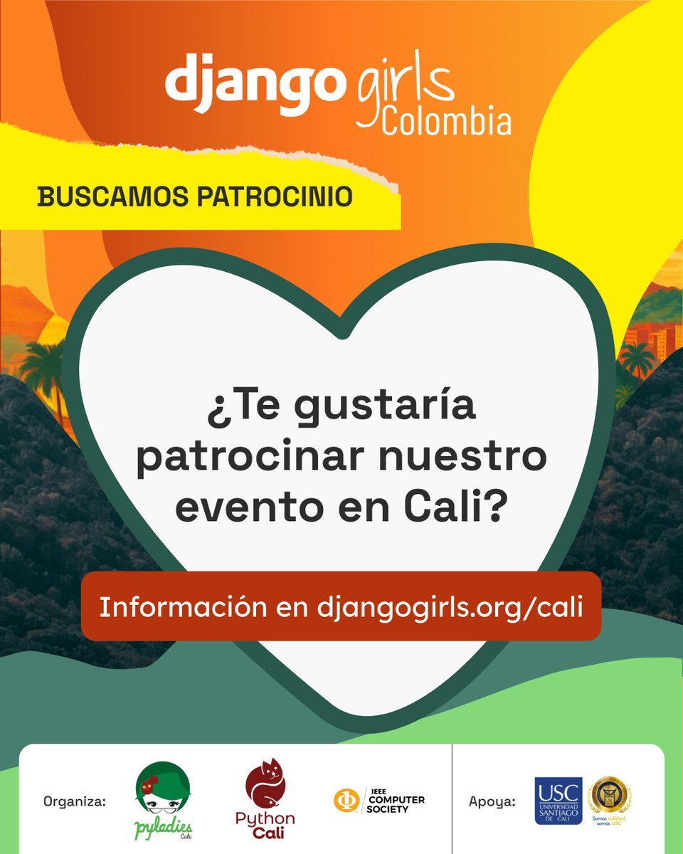 DjangoGirls Colombia (@djangogirlsco) on Twitter photo ¡Buscamos patrocinadores para Django Girls en Cali! 🌟
Ayúdanos a seguir creando espacios gratuitos donde más mujeres puedan aprender a programar. 👩💻🧡
📩 djangogirlscolombia@gmail.com
🌐 djangogirls.org/en/cali/
#DjangoGirls #MujeresEnTecnología ¡Buscamos patrocinadores para Django Girls en Cali! 🌟
Ayúdanos a seguir creando espacios gratuitos donde más mujeres puedan aprender a programar. 👩💻🧡
📩 djangogirlscolombia@gmail.com
🌐 djangogirls.org/en/cali/
#DjangoGirls #MujeresEnTecnología