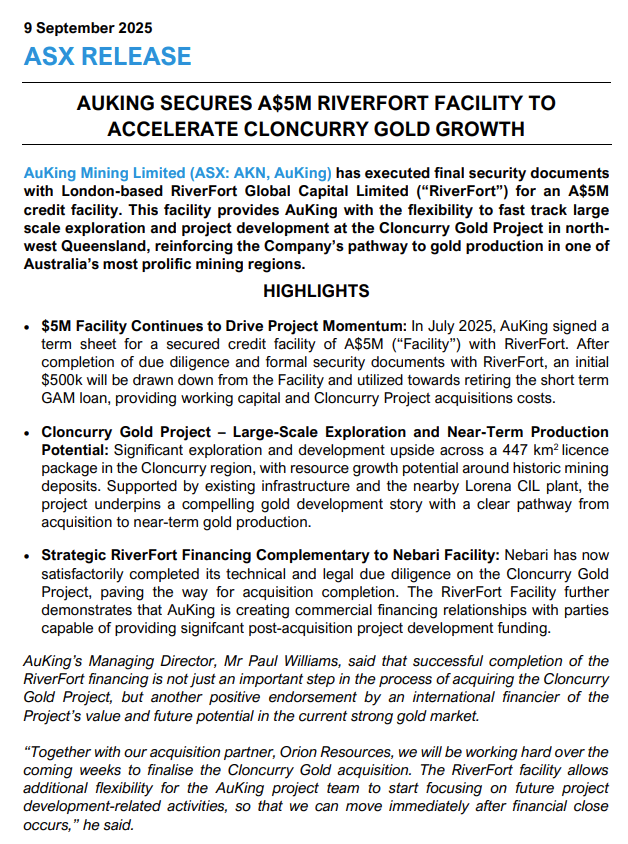 $AKN secures A$5M facility from RiverFort Global Capital to accelerate growth at the Cloncurry Gold Project.

The 447 km² project in Queensland’s prolific gold region has scale, infrastructure, and a clear pathway to near-term production.