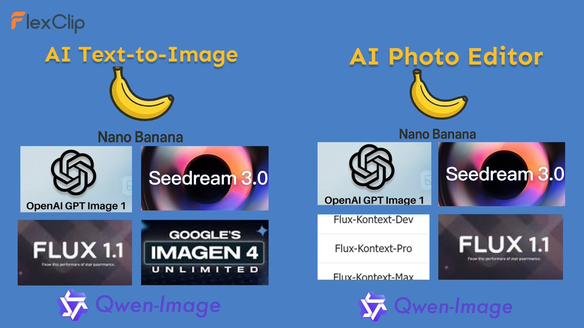 FlexClipApp's tweet image. Nano Banana is HERE in FlexClip!
Text-to-Image + AI Image Editing got a shiny upgrade！
And yes… the hottest Google-Nano-Banana is here
Wanna try? Super easy 📷
📷 Like + Comment “banana” 
Go bananas：flexclip.com/ai/text-to-ima… #FlexClip #NanoBanana #TextToImage #AIEditing