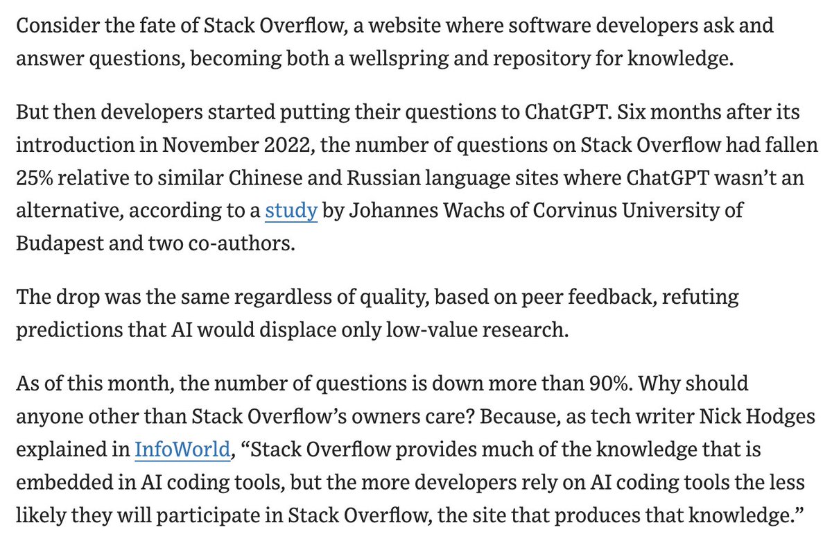 Very interesting piece from <a href="/greg_ip/">Greg Ip</a> on whether LLMs might end up slowing the growth of new knowledge, drawing partly on the example of Stack Overflow (link in reply):