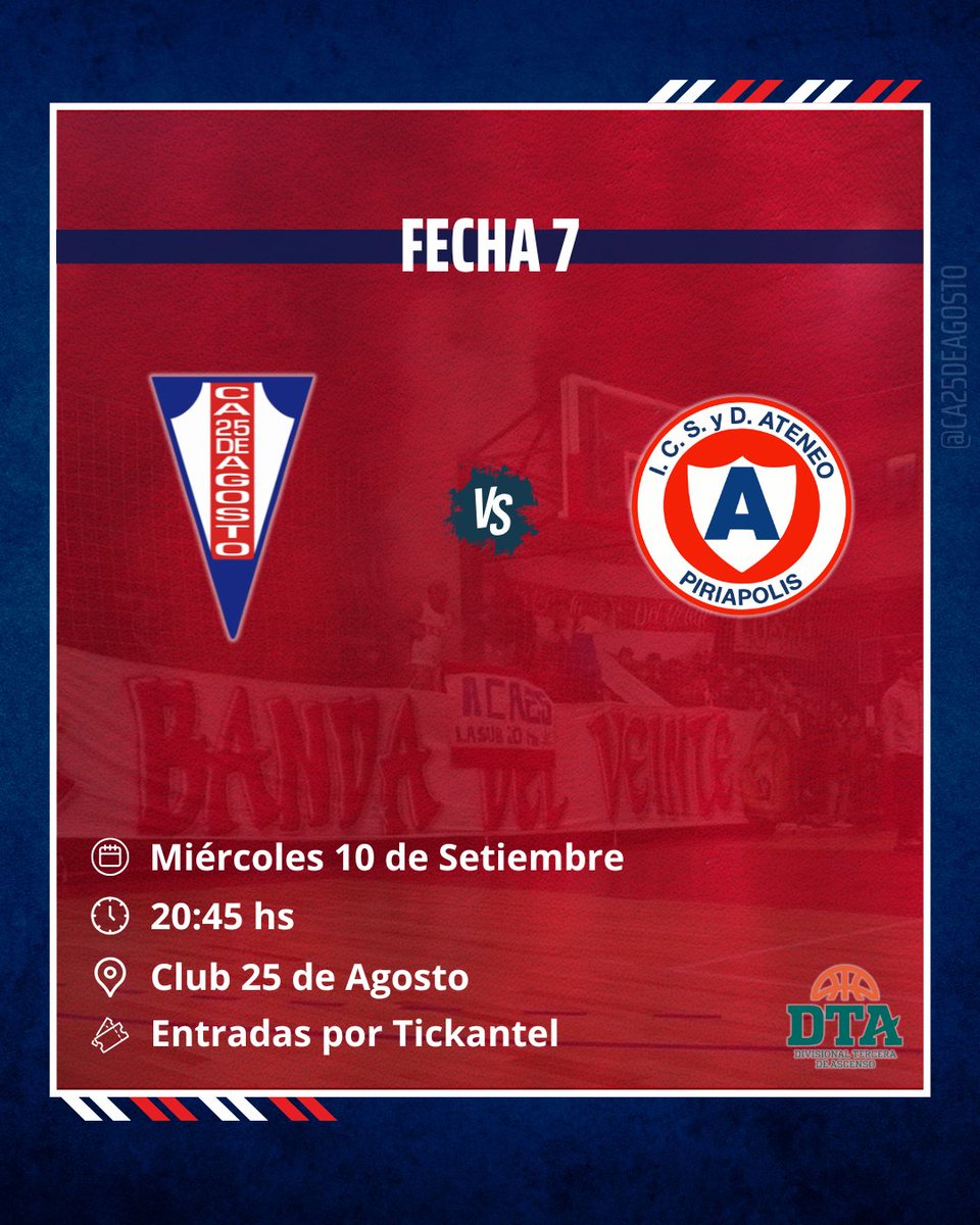 Fecha 7 de la DTA 2025

🗓 Miércoles 10 de Setiembre
🕣 20:45 hs.
📍 Club Atlético 25 de Agosto
🎟 Entradas disponibles en TickAntel

#VillaDoloresRuge #TodoElAño25 #DTA2025 🏀♥️🤍