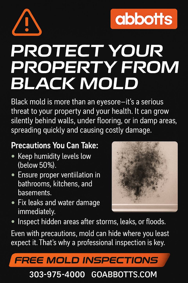 AbbottFireFlood's tweet image. ⚡ Stop Black Mold Before It Spreads 

📞 303-975-4000
🌐 GoAbbotts.com

#GoAbbotts #MoldDefense #MoldInspections #MoldRemediation #BlackMold
