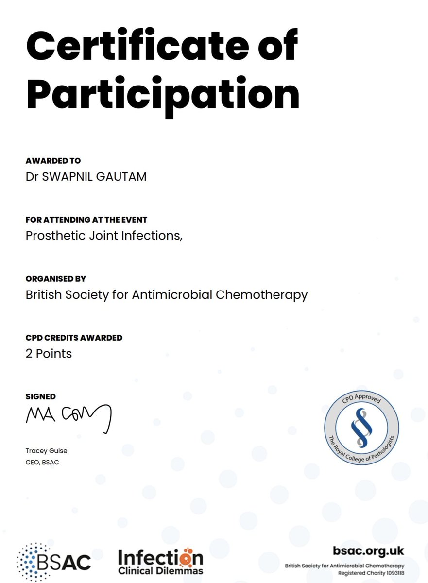 drswapgautam's tweet image. Glad to have participated in the Prosthetic Joint Infections course 🦴💉 — a step forward in sharpening my clinical insights. Continuous upgradation of knowledge is the true key to excellence in patient care! 📚✨ #MedicalEducation #InfectiousDiseases #ContinuousLearning #CPD…