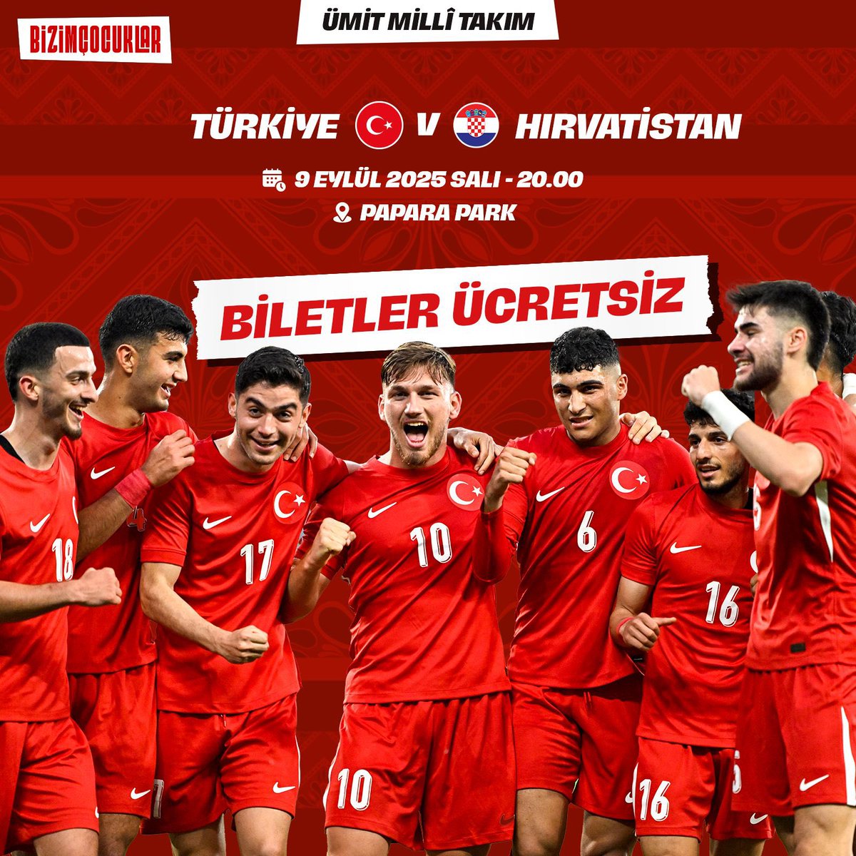 Ümit Millî Takımımız, 2027 UEFA Avrupa U21 Şampiyonası Eleme Grubu’ndaki ilk maçında 9 Eylül Salı günü Trabzon’da Hırvatistan ile karşılaşacak. Şenol Güneş Spor Kompleksi’nde saat 20.00’de başlayacak karşılaşmayı futbolseverler ücretsiz izleyebilecek. Taraftarlar biletlerini