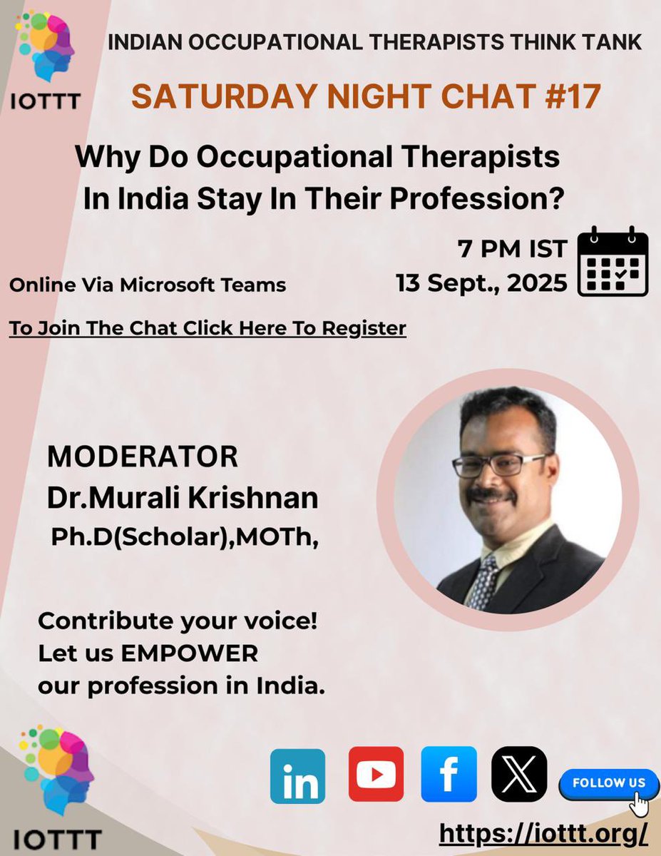 Retaining professionals in the field of OT is as critical as producing new OTs. What motivates occupational therapists stay in their profession? Register to join our Saturday Night Chat on Sep 13 and contribute your views. 
docs.google.com/forms/d/e/1FAI…