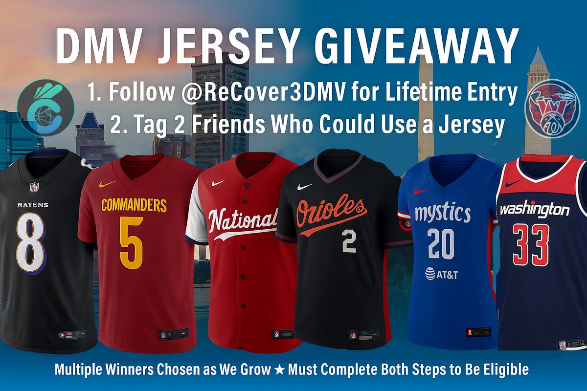 Cover3DMV's tweet image. Welcome to @ReCover3Sports DMV! 👌

We re-cover D.C., Maryland, and Virginia sports &amp;amp; betting. 🏛️🦀⚔️

ENTER OUR JERSEY GIVEAWAY:
1⃣ Follow @ReCover3DMV
2️⃣ Retweet this post or Tag 2 Friends
3️⃣ Comment what jersey you'd want

🏆 New Winners Selected Every 100 Followers 🏆
