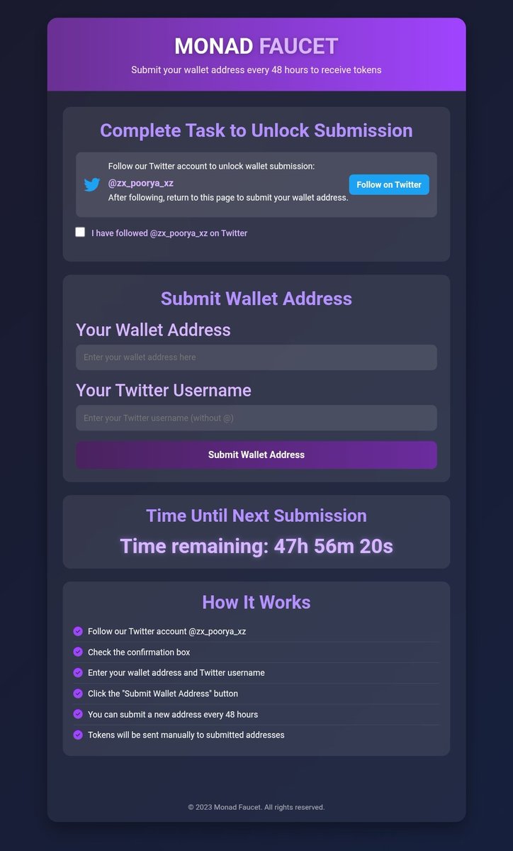 Zx_poorya_xZ's tweet image. #monad #monad_testnet_mon 
I created a site where you can receive 0.1 Monads every 48 hours. Please note that your information will be recorded and attempting to receive more than once every 48 hours will result in your faucet being banned.
monadlovefaucet.netlify.app