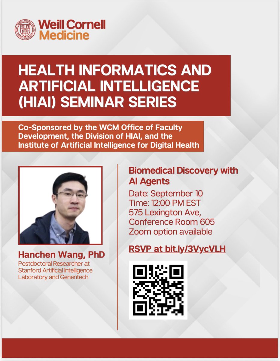 Thrilled to announce our seminar series now is upgraded to the #HIAI seminar series jointly sponsored by <a href="/WCM_AIDH/">WCM Institute of AI for Digital Health</a>, the #HISI division, and the <a href="/WeillCornell/">Weill Cornell Medicine</a> office of faculty development. Our first speaker is <a href="/hcwww_/">Hanchen Wang</a> from Stanford. He will speak on Wednesday noon on #AI #Agents.