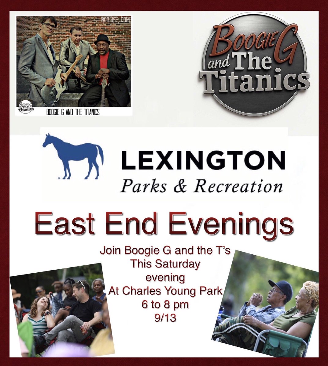 Come on out this Saturday evening for live music in the park!  From 6 to 8 pm at Charles Young Park (540 East 3rd street Lex) bring a lawn chair or a blanket and spend the evening with Boogie G and Parks and Rec! 9/13, see ya there