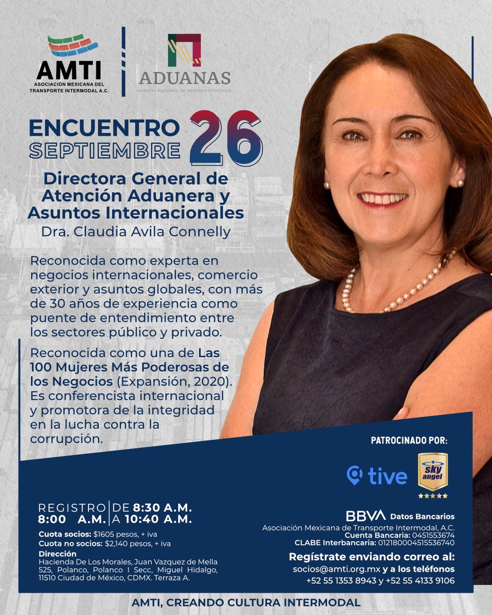 🌟¡Más de 30 años de trayectoria llegan al escenario!
Claudia Ávila, una de las 100 Mujeres Más Poderosas en Negocios, nos acompaña con su experiencia en desarrollo económico, comercio exterior e integridad
#Intermodal #AMTI #Educación #Encuentro #Negocios #Networking