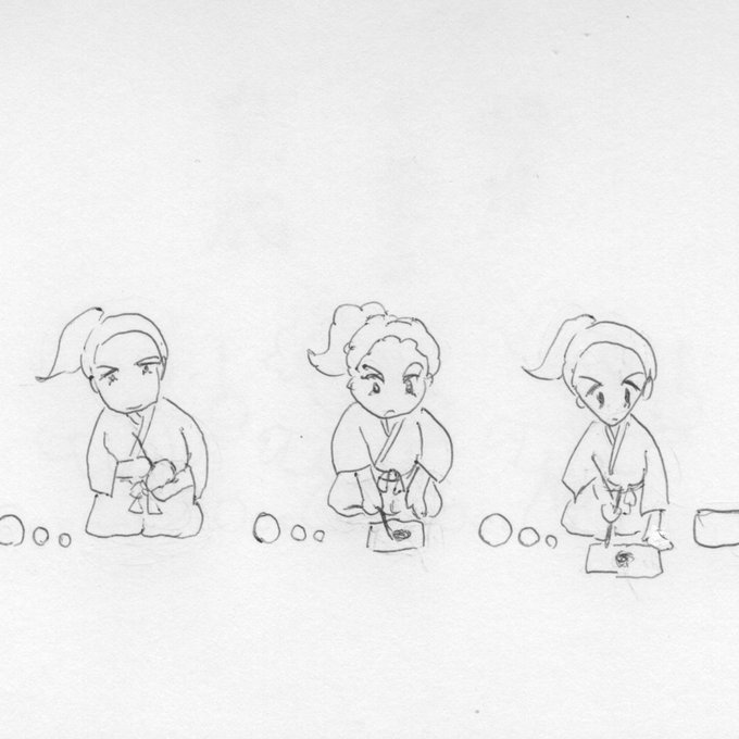 Three chibi characters in judo uniforms kneel in seiza pose, bowing forward with hands placed on thighs. The left character has short hair, the middle one has curly ponytail, and the right one has straight ponytail. Small dots surround their bases suggesting floor texture. The drawing is in black line art style without colors.