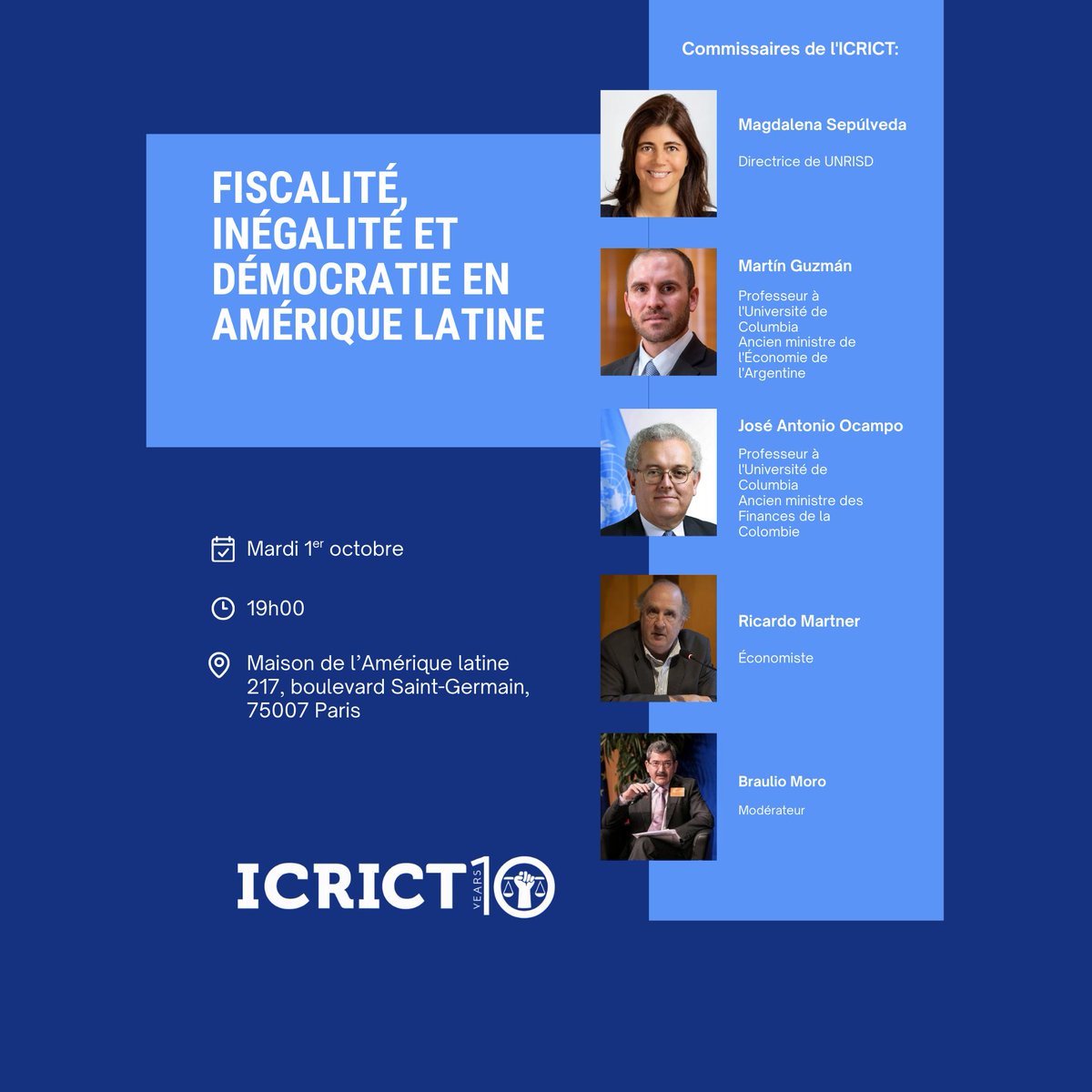 Les inégalités et le pouvoir oligarchique sont en hausse dans le monde.
Ces enjeux seront débattus par <a href="/JoseA_Ocampo/">Jose Antonio Ocampo</a>, <a href="/Magda_Sepul/">Magdalena Sepúlveda Carmona</a>, <a href="/Martin_M_Guzman/">Martín Guzmán</a>, <a href="/rmartner1/">Ricardo Martner</a>, et <a href="/BraulioMoro/">Braulio Moro</a>, le 1er octobre à Paris.
⏰18h30
📍<a href="/MAL_217/">MaisonAmériquelatine</a>
Pour en savoir plus : mal217.org/fr/agenda/fisc… #TaxThePower