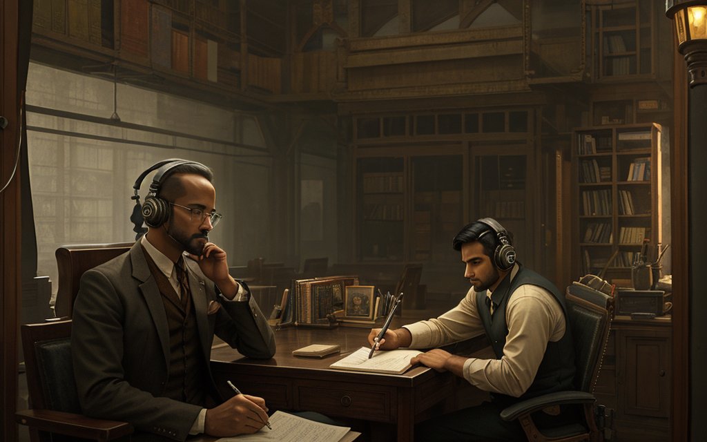 vu2lid's tweet image. Two archivists, headphones on, captured voices of the past in the hush of the great library. 
Cinematic realism, sepia-toned library setting, scholarly atmosphere. #AIArt #MemoryField