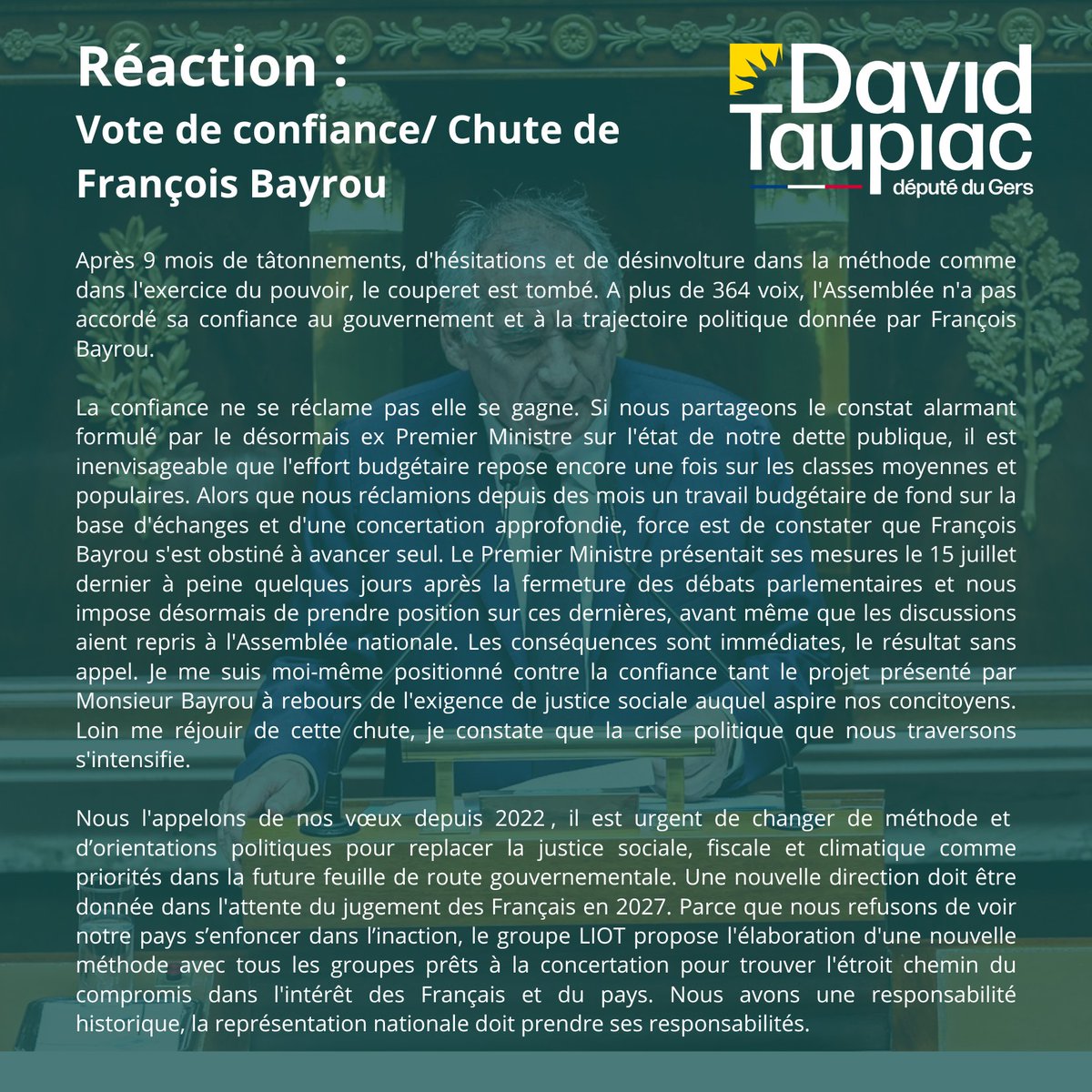 👉 Retrouvez ma réaction suite au vote de confiance du 08 septembre et la chute du Premier ministre François Bayrou