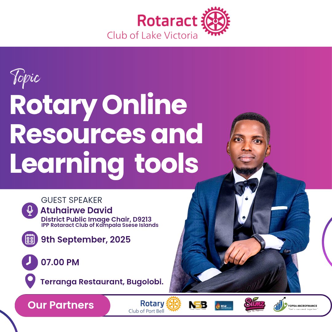 Join Us for Fellowship!

This Tuesday, the Rotaract Club of Lake Victoria invites you to an insightful fellowship on the topic:

“Rotary Online Resources and Learning Tools”

🎤 Guest Speaker: Atuhairwe Bravo David
District Public Image Chair, D9213