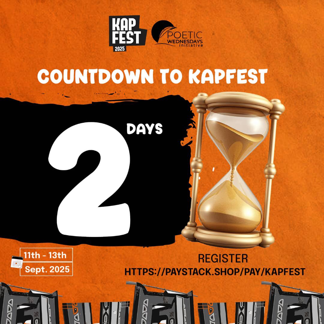 It is 2 days to the festival. Are you excited? Have you gotten your tickets? Online ticket sales end today at 7pm and ticket at the venue will be going for 7000 naira. 

#kapfest25 #kanopoetry #poetryincrisis #festival #PoeticWednesdays