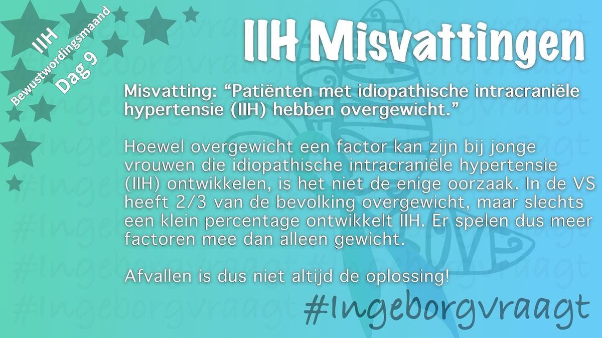 Hoewel overgewicht een factor kan zijn, spelen er meer factoren een rol in de ontwikkeling van IIH.

In de VS heeft bijvoorbeeld 2/3 van de bevolking overgewicht, maar slechts een klein percentage ontwikkelt IIH. 

Afvallen is dus niet altijd de oplossing! #IIH