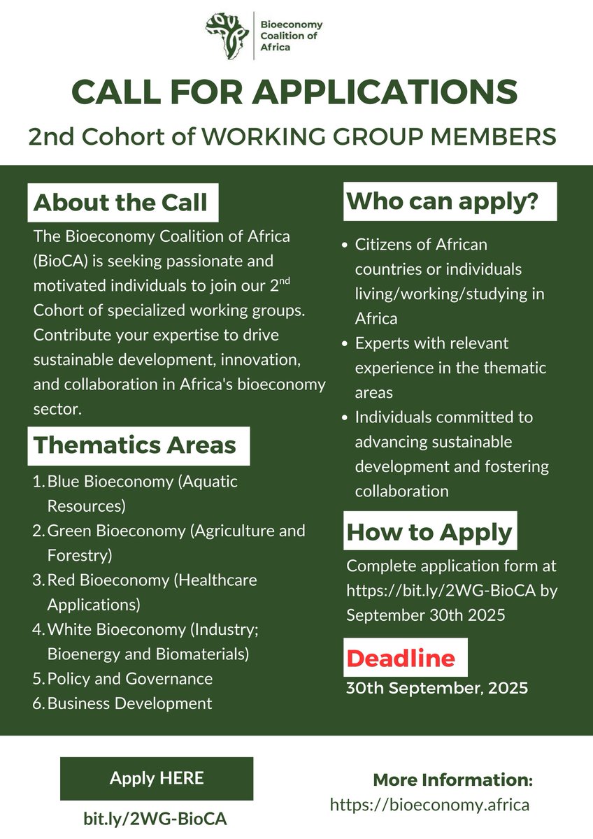 🚨 Call for Applicants! Africa-based experts &amp; students; here’s your chance!

Join one of 6 BioCA’s Working Groups in Green, Red, White, Blue, Policy, or Business shaping the future of Africa’s bioeconomy.

⏳ Deadline: 30 Sept 2025
👉 Apply now: bit.ly/2WG-BioCA