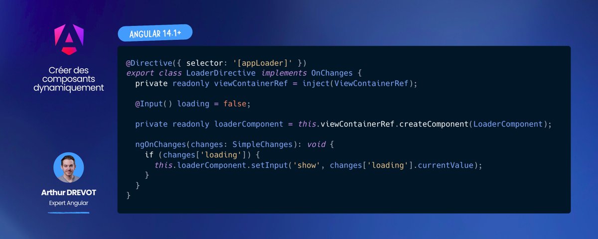 ArthurDrevot's tweet photo. 👋 Adieu setInput(), bonjour inputBinding !

⚡ Avec Angular 20, la création de composants dynamiques devient ultra simple

v14 → setInput()

v17.1 → input signals

v20 → inputBinding (bind direct d’un signal ✅)

Et ça marche aussi avec outputs &amp; 2-way 🎯 https://t.co/vsiz5gMg8p