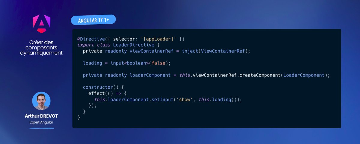 ArthurDrevot's tweet photo. 👋 Adieu setInput(), bonjour inputBinding !

⚡ Avec Angular 20, la création de composants dynamiques devient ultra simple

v14 → setInput()

v17.1 → input signals

v20 → inputBinding (bind direct d’un signal ✅)

Et ça marche aussi avec outputs &amp; 2-way 🎯 https://t.co/vsiz5gMg8p