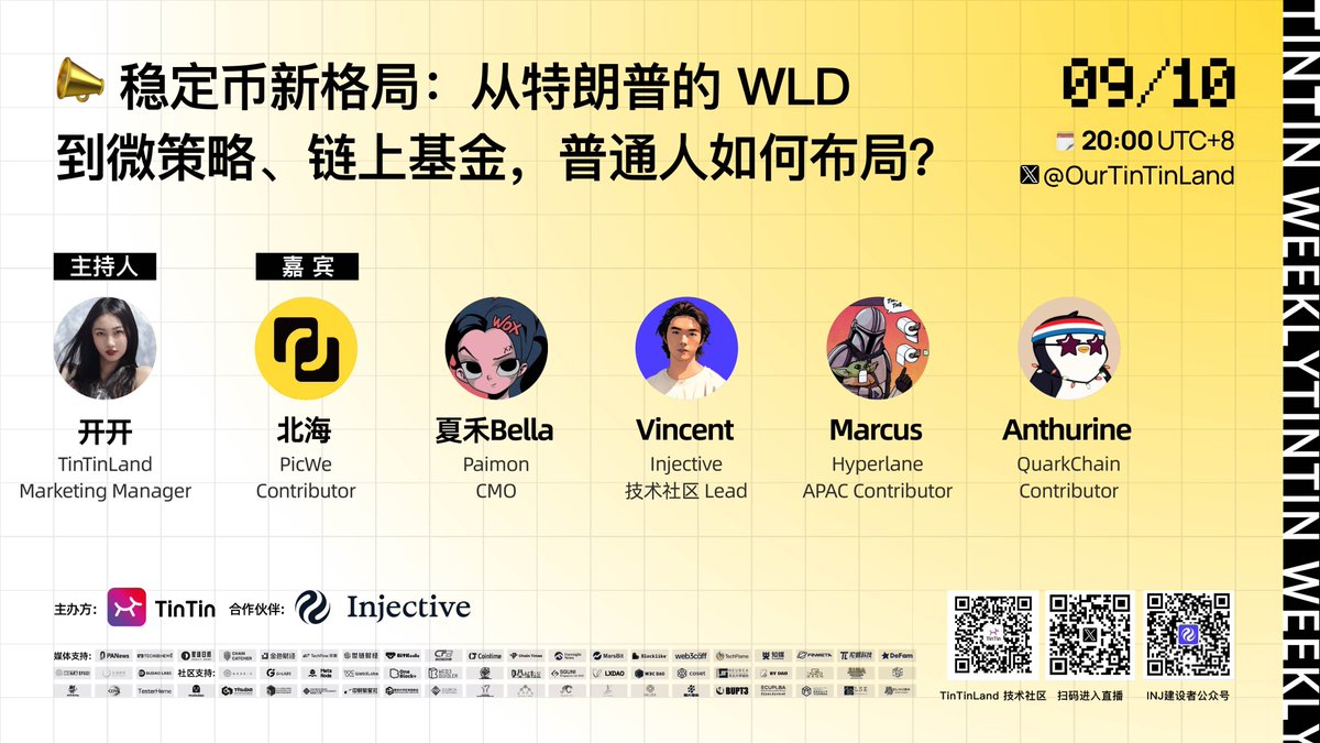 ✨ 「<a href="/injective/">Injective 🥷</a> × <a href="/OurTinTinLand/">TinTinLand</a> 」圆桌来啦！

最近稳定币真的热闹：从特朗普喊话 WLD，到 MicroStrategy、招银基金的入场，稳定币已经不只是“交易工具”，而是金融市场的新核心⚡

🌍 这周三晚 20:00，我们和 Injective 一起，邀请五位嘉宾一起聊聊：
- 稳定币的最新格局
- 普通人有哪些新机会
-