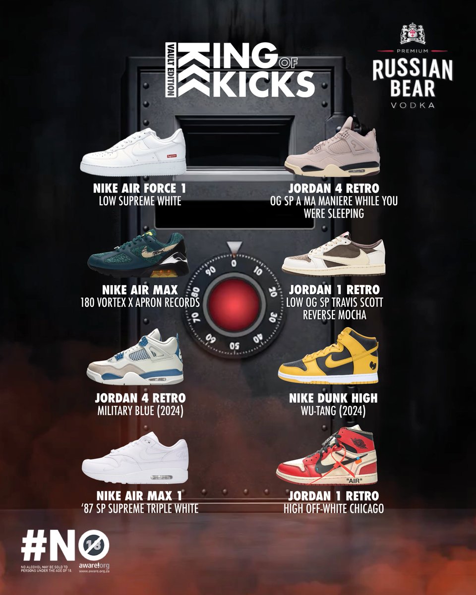 RussianBearSA's tweet photo. The vault is STACKED! Don’t miss out on 🔥 kicks! Crack the code &amp; claim the throne to be crowned King of Kicks! 👑

Enter &amp; stand to win your share of R300K of sneaker heat:
Buy #RussianBear 750ml/1L → Scan QR → Upload slip

🔗: https://t.co/tGAsoSHoHm Ts &amp; Cs apply #NextLevel https://t.co/R63ML37QXg