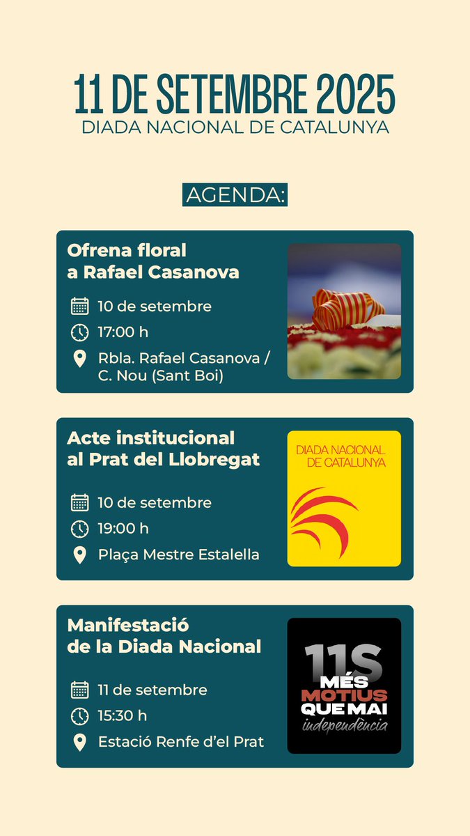 Junts pel Prat (@juntsxelprat) on Twitter photo 📣  Us animem a participar a la #Diada2025!
📅 10/9 · 19 h · Pl. Mestre Estalella: acte institucional i ofrena
📅 11/9 · 16 h · Estació RENFE del Prat: tren cap a BCN amb l’<a href="/assemblea/">Assemblea Nacional Catalana</a>
✊🏼 Fem sentir la veu del país!
#Independència #ElPrat 📣  Us animem a participar a la #Diada2025!
📅 10/9 · 19 h · Pl. Mestre Estalella: acte institucional i ofrena
📅 11/9 · 16 h · Estació RENFE del Prat: tren cap a BCN amb l’<a href="/assemblea/">Assemblea Nacional Catalana</a>
✊🏼 Fem sentir la veu del país!
#Independència #ElPrat
