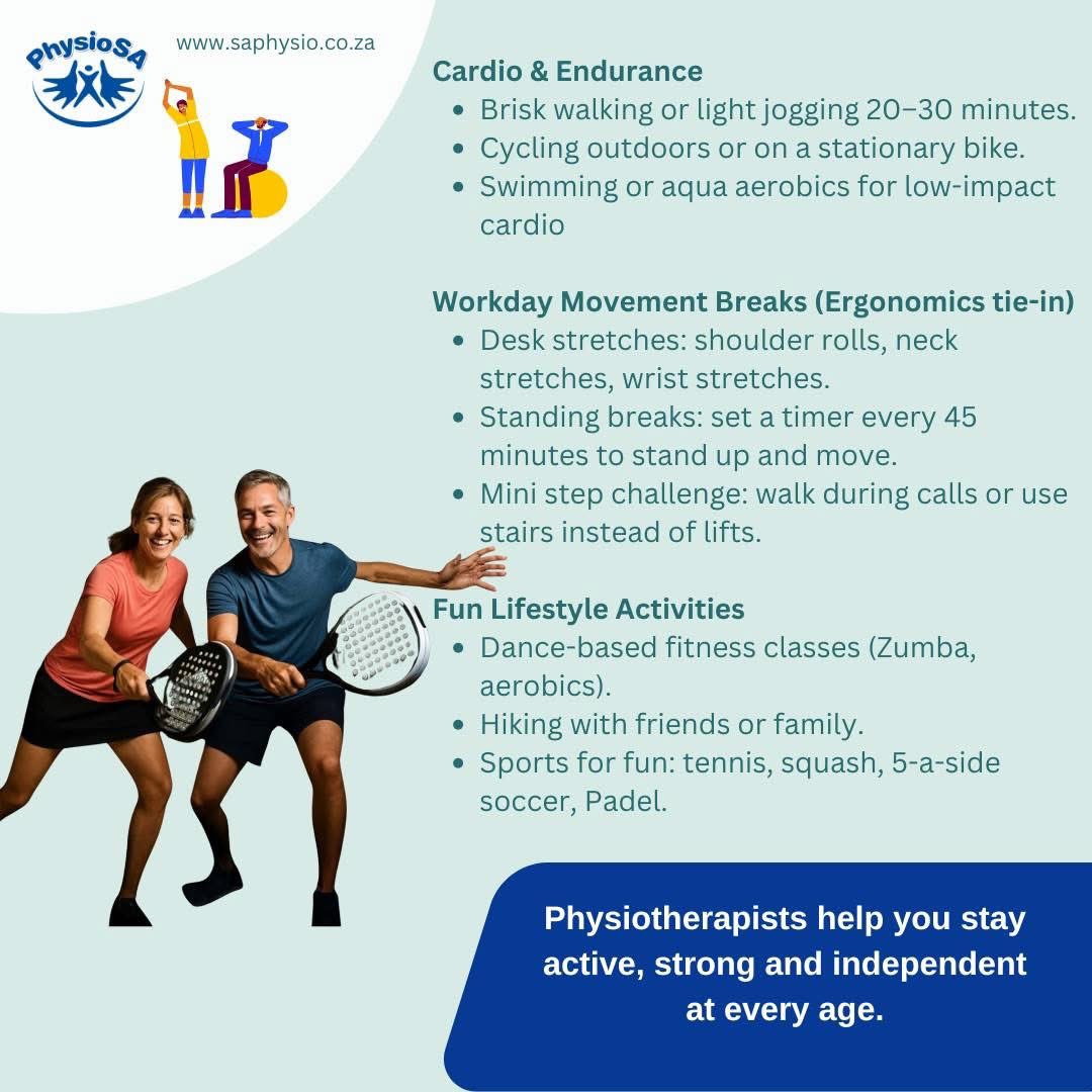 ✨ Age-Proof Your Body
Your 40s are the perfect time to set strong habits for healthy aging!
👣 Notice early signs like stiffness or fatigue
💪 Build strength and flexibility to protect your joints
🖥️ Check your desk and work-from-home setup for better ergonomics

#PhysioSA