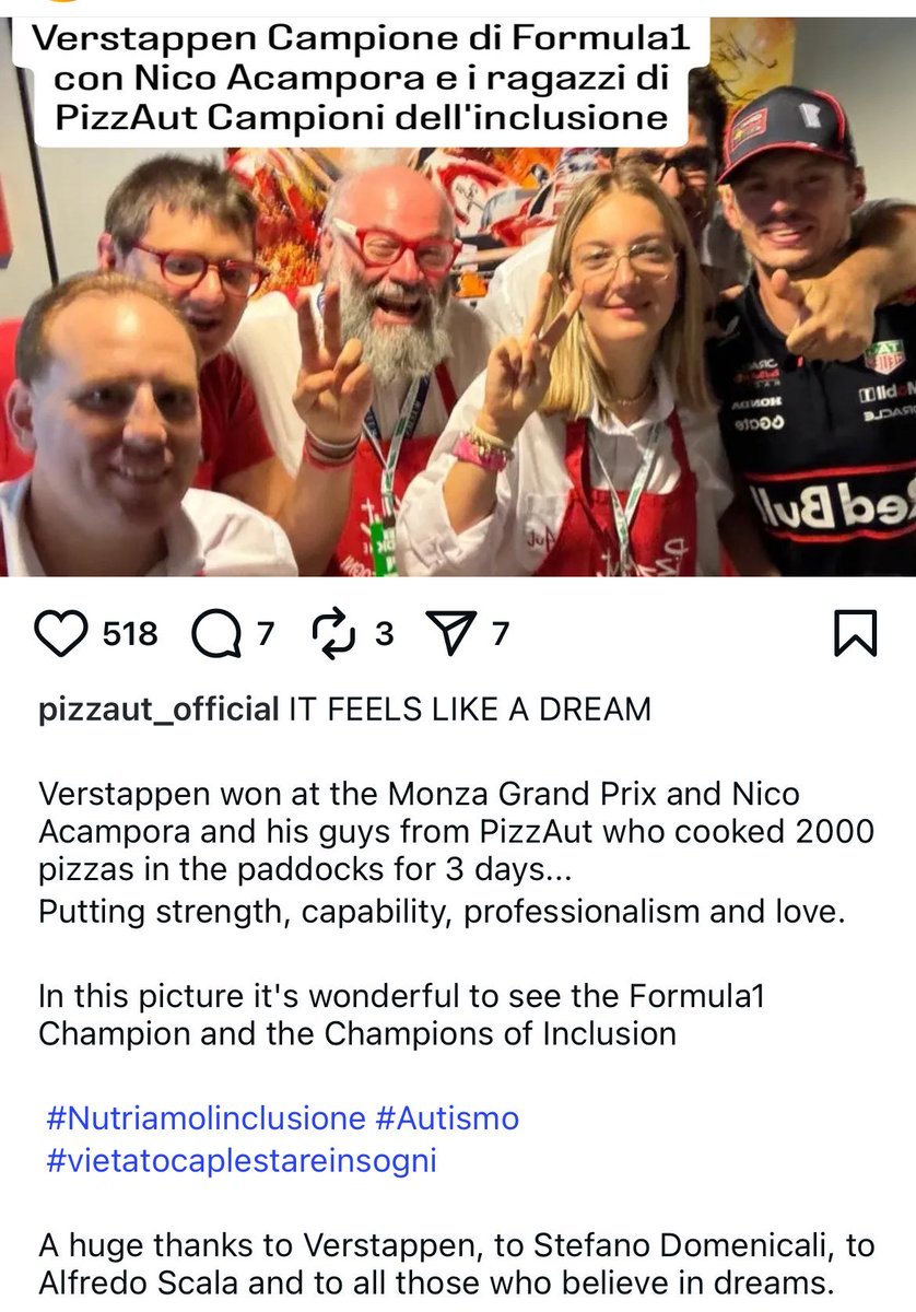 fedew33's tweet image. Max Verstappen ha ordinato 2000 pizze in 3 giorni da PizzAut, la pizzeria inclusiva che da&apos; lavoro a ragazzi e adulti affetti da autismo

un campione in tutto, una magnifica persona 

sei speciale 🧡 #F1