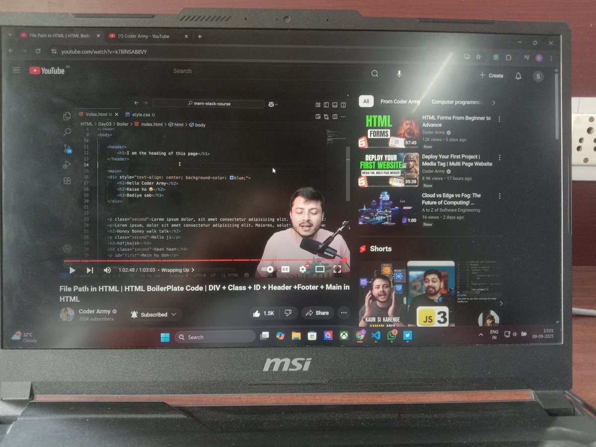 SagaCoder's tweet image. Day 4 completed the lecture 
HTML Boilerplate
File Path
Div
#Defense
@rohit_negi9 
@adityatandon02