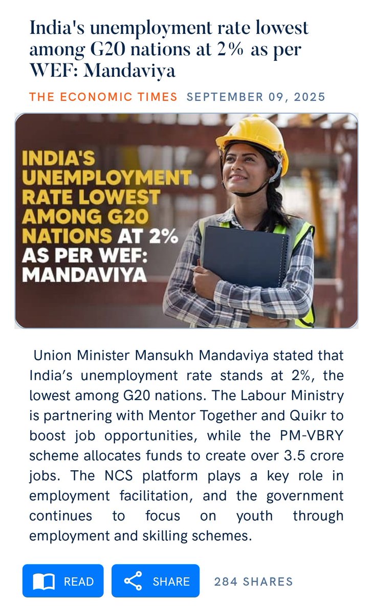 PSAgasar's tweet photo. India's unemployment rate lowest among G20 nations at 2% as per WEF: Mandaviya
https://t.co/W5odQbxC8k

via NaMo App https://t.co/kUhsN4poD3