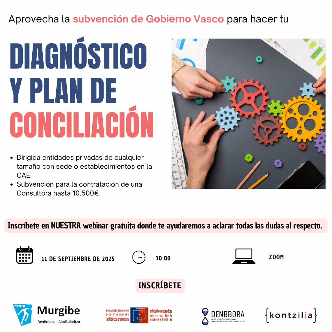 📢 ¡Aprovecha la subvención del Gobierno Vasco para realizar un Diagnóstico y Plan de Conciliación!
En esta webinar resolveremos todas tus dudas 

📅21 de julio de 2025
🕙10:00
💻 ZOOM
✔️ Entidades privadas con sede en la CAE.

Inscríbete 👉 lnkd.in/gYRrW569