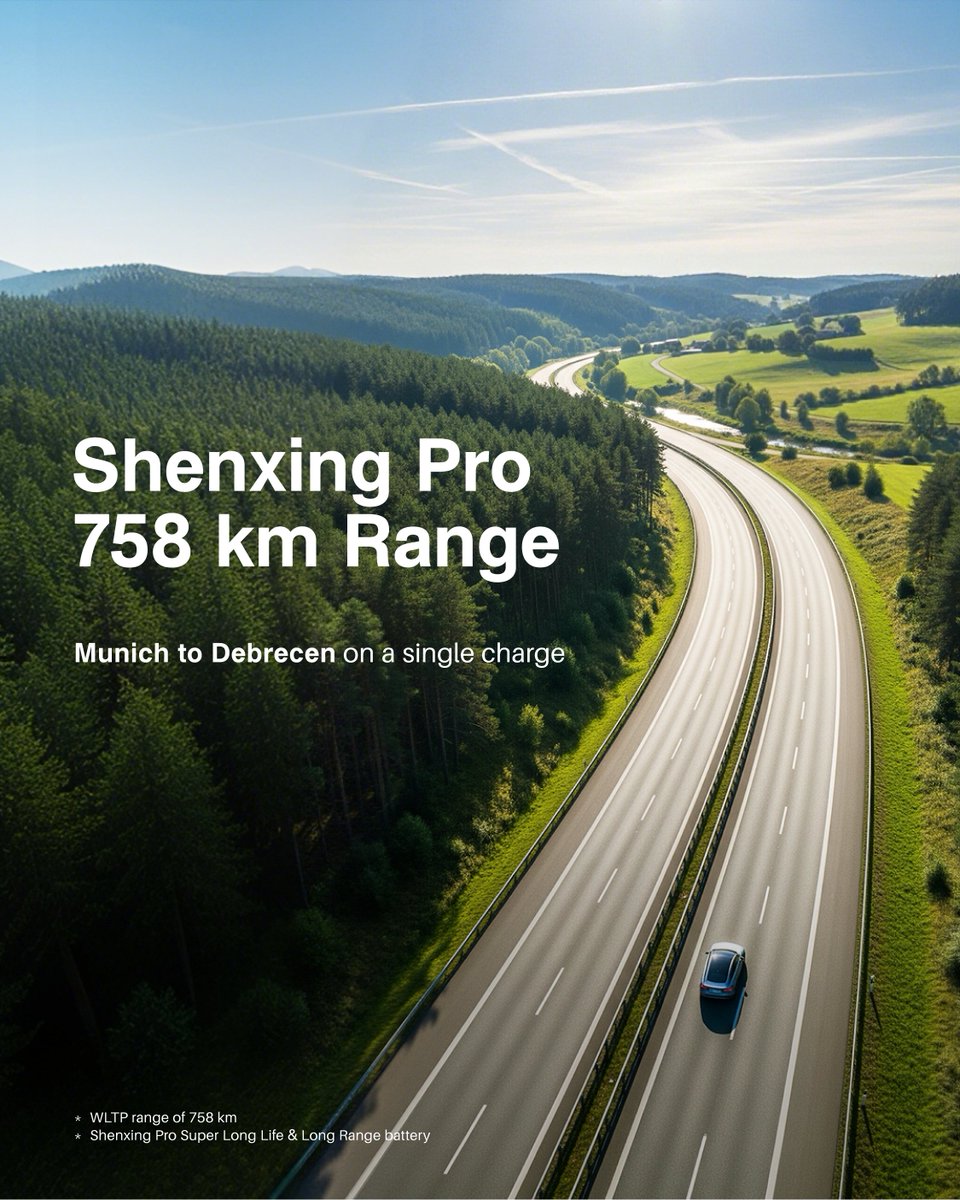 catl_official's tweet image. Shenxing Pro: Munich → Debrecen, one charge, just right.
758 km WLTP range — built for long-distance drives.

Give us a like or drop a comment to help bring this battery one step closer to your favorite car!

#CATL #CATLShenxingPro #BatteryTech #EV
