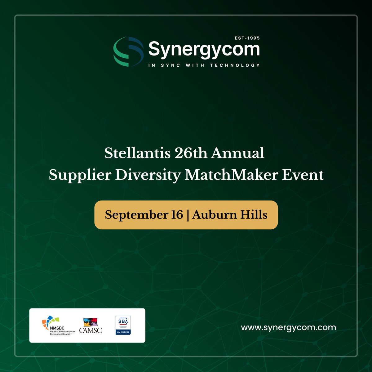 Synergycom is attending the 26th Annual MatchMaker – a diversity event hosted by Stellantis at their North America HQ in Michigan. We would love to share our capabilities in AI (solutions for automotive &amp; manufacturing industries) and explore new collaborations.