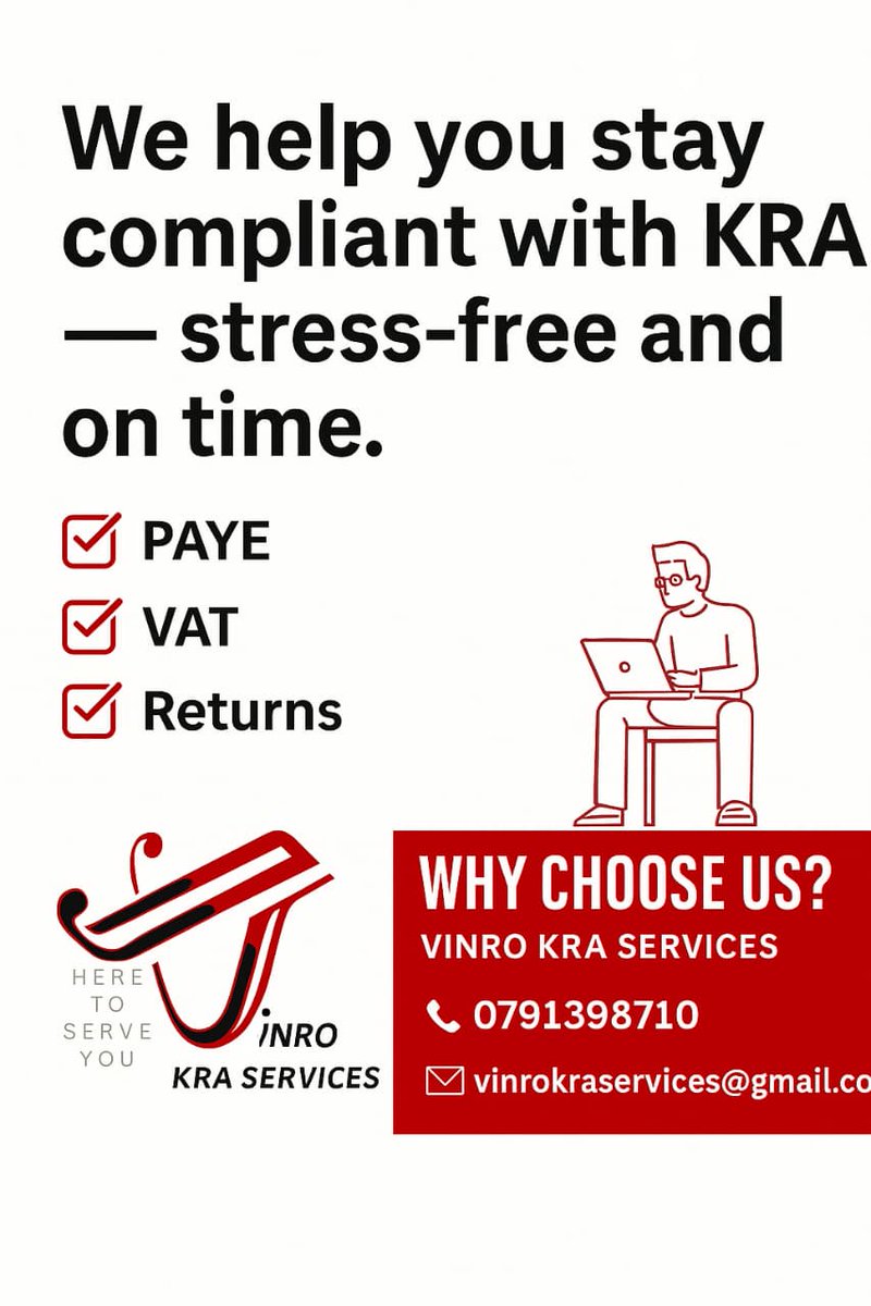 💬
We help you stay compliant with KRA — stress-free &amp; on time ✅
Need help with PAYE, VAT, or Returns? Talk to us today!
📞 0791398710 | 📧 vinrokraservices@gmail.com

#KRA #TaxCompliance #VinroKRAServices