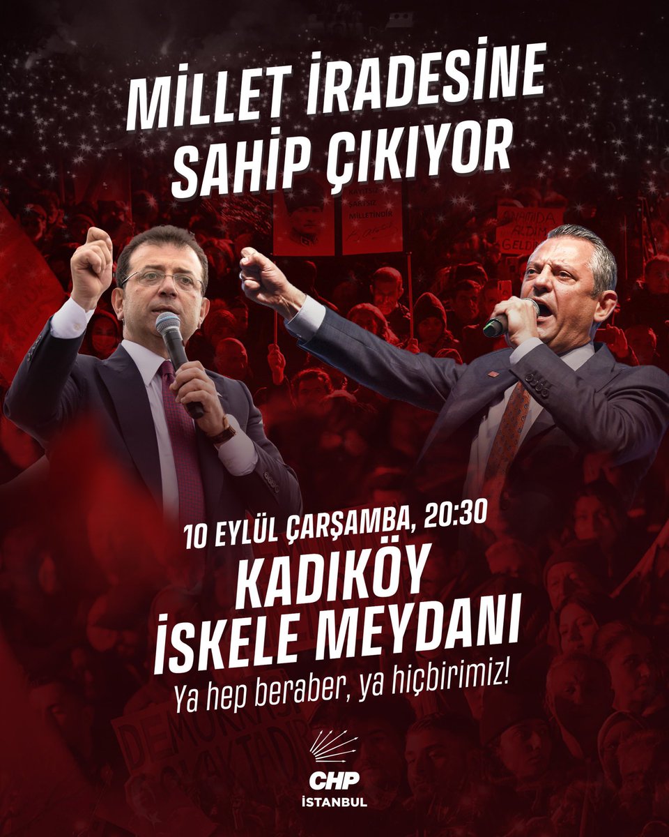 Adalete, demokrasiye ve partimize sahip çıkıyoruz.

Cumhurbaşkanı Adayımız Ekrem İmamoğlu’na, belediye başkanlarımıza ve tüm yol arkadaşlarımıza özgürlük demek için Genel Başkanımız Özgür Özel öncülüğünde buluşuyoruz.

📍Kadıköy İskele Meydanı
🗓️10 Eylül Çarşamba | 20.30