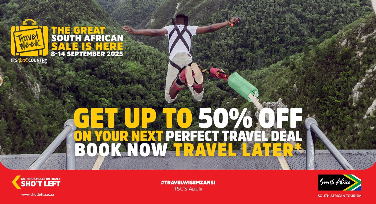 The Great South African Sale is here for Travel Week! Enjoy up to 50% on your next travel deal from 8 – 14 September✈

Book now and travel later with <a href="/ShotLeft/">Sho't Left</a> 🧳

After all, It's your country. Enjoy it! Cause Nothing is more fun than a Sho't Left.

#TravelWiseMzansi #Sponsored