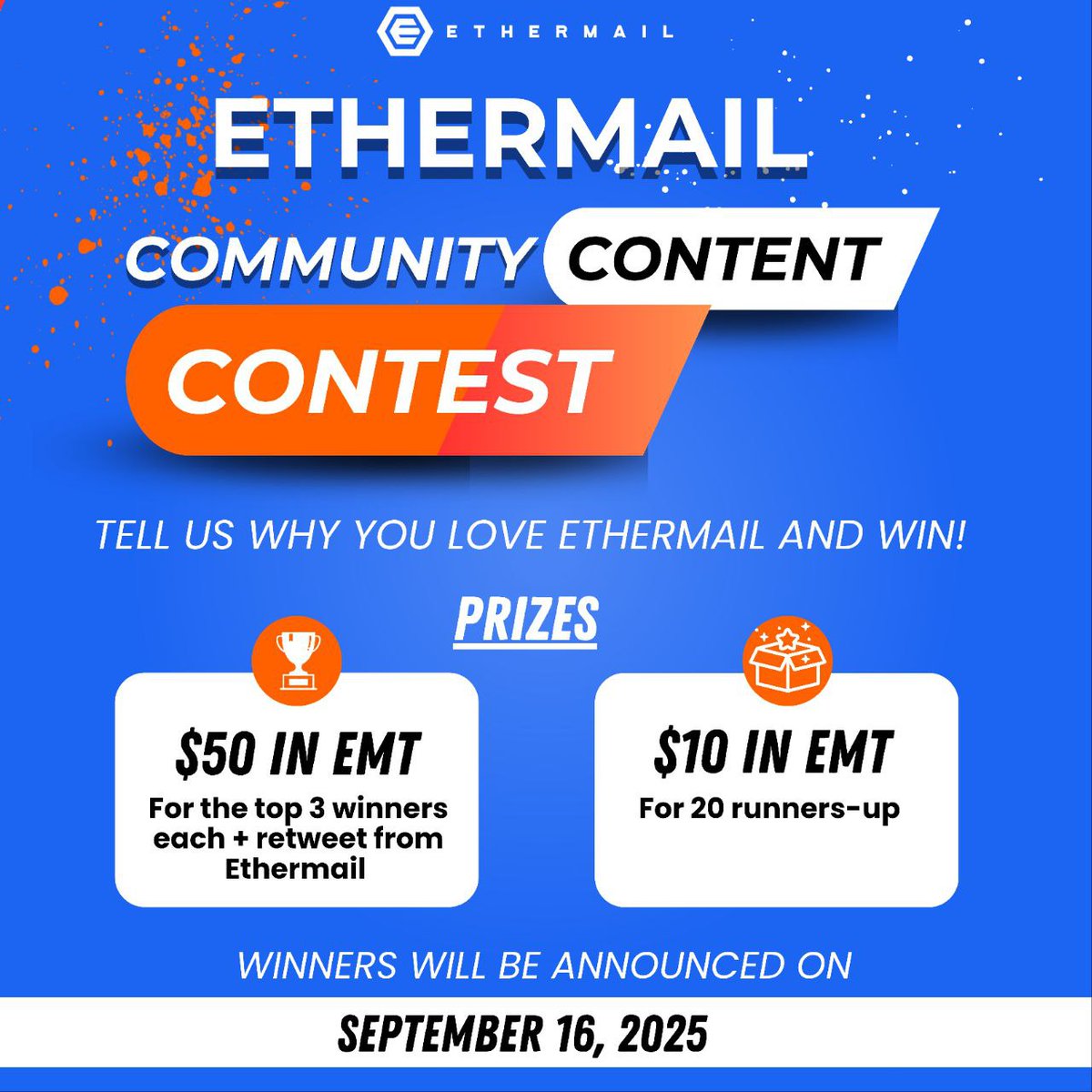 #EtherMailContentContest is live! 🏆

Join now: 
1️⃣ Post your content on X about why you love Ethermail 
2️⃣ Tag <a href="/ethermail_io/">ethermail.ethermail</a> + 3 friends in the post 
3️⃣ Use #EtherMailContest 
4️⃣ Include ethermail.io/accounts/login for others to join  

🏆 Top 3: $50 EMT | 🎖️ 20 runners-up: $10 EMT