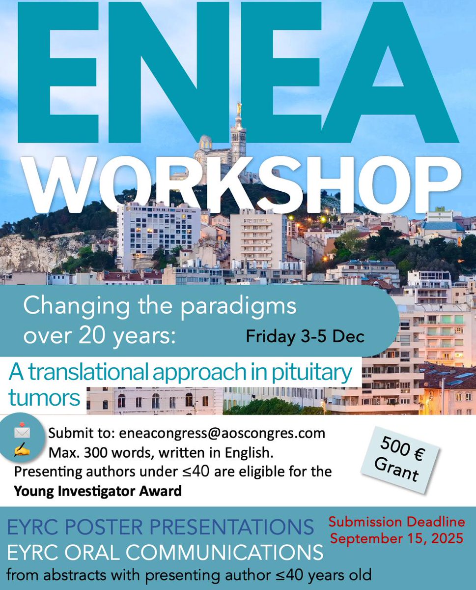 ENEA_Young's tweet image. 📢 Call for Abstracts – #ENEAWorkshop2025 🇫🇷
📅 3–5 Dec | Marseille
Theme: Changing the Paradigms – Translational Approach in Pituitary Tumors
📌 Deadline: 15 Sept 2025

✍️ Max 300 words | &amp;lt;41y = YIA eligible
📩 eneacongress@aoscongres.com
🔗 lnkd.in/e4yUiGZ9