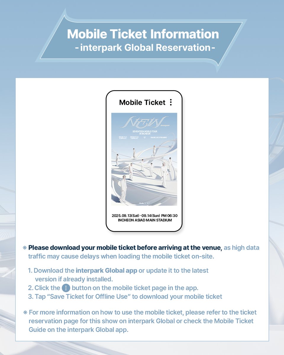 𝗦𝗘𝗩𝗘𝗡𝗧𝗘𝗘𝗡 𝗪𝗢𝗥𝗟𝗗 𝗧𝗢𝗨𝗥 [𝗡𝗘𝗪_] 𝗜𝗡 𝗜𝗡𝗖𝗛𝗘𝗢𝗡

OFFLINE GUIDE✅

2025.09.13 6:30PM (KST)
2025.09.14 6:30PM (KST)

#SEVENTEEN #세븐틴
#SVT_WORLDTOUR #NEW_INCHEON
#SVT_TOUR_NEW_