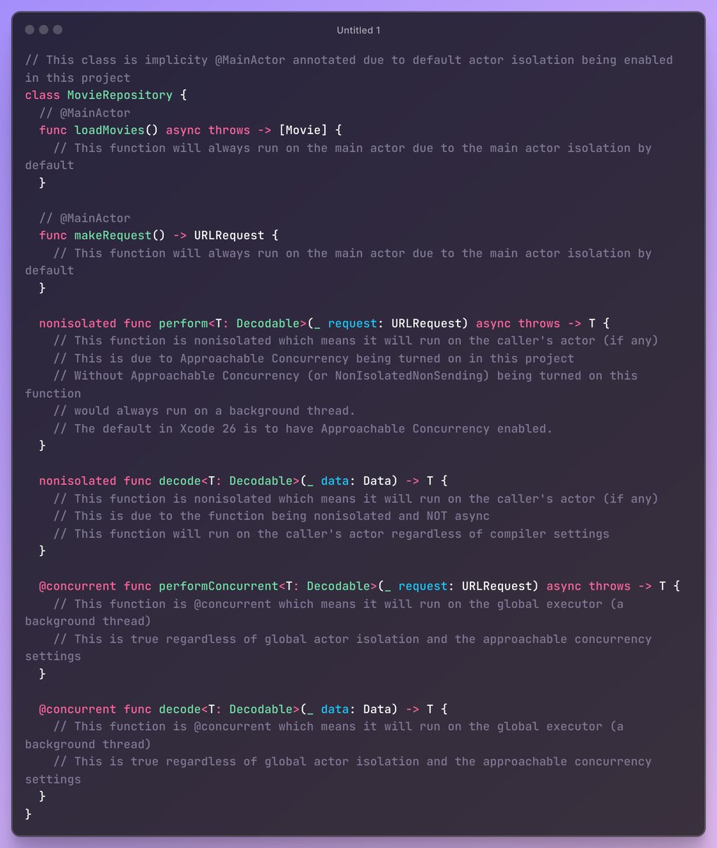 DonnyWals's tweet image. Swift 6.2&apos;s biggest and most important changes are in where your async functions will run using Xcode 26&apos;s default settings. Here&apos;s a quick and simple overview of the most important rules you need to know.