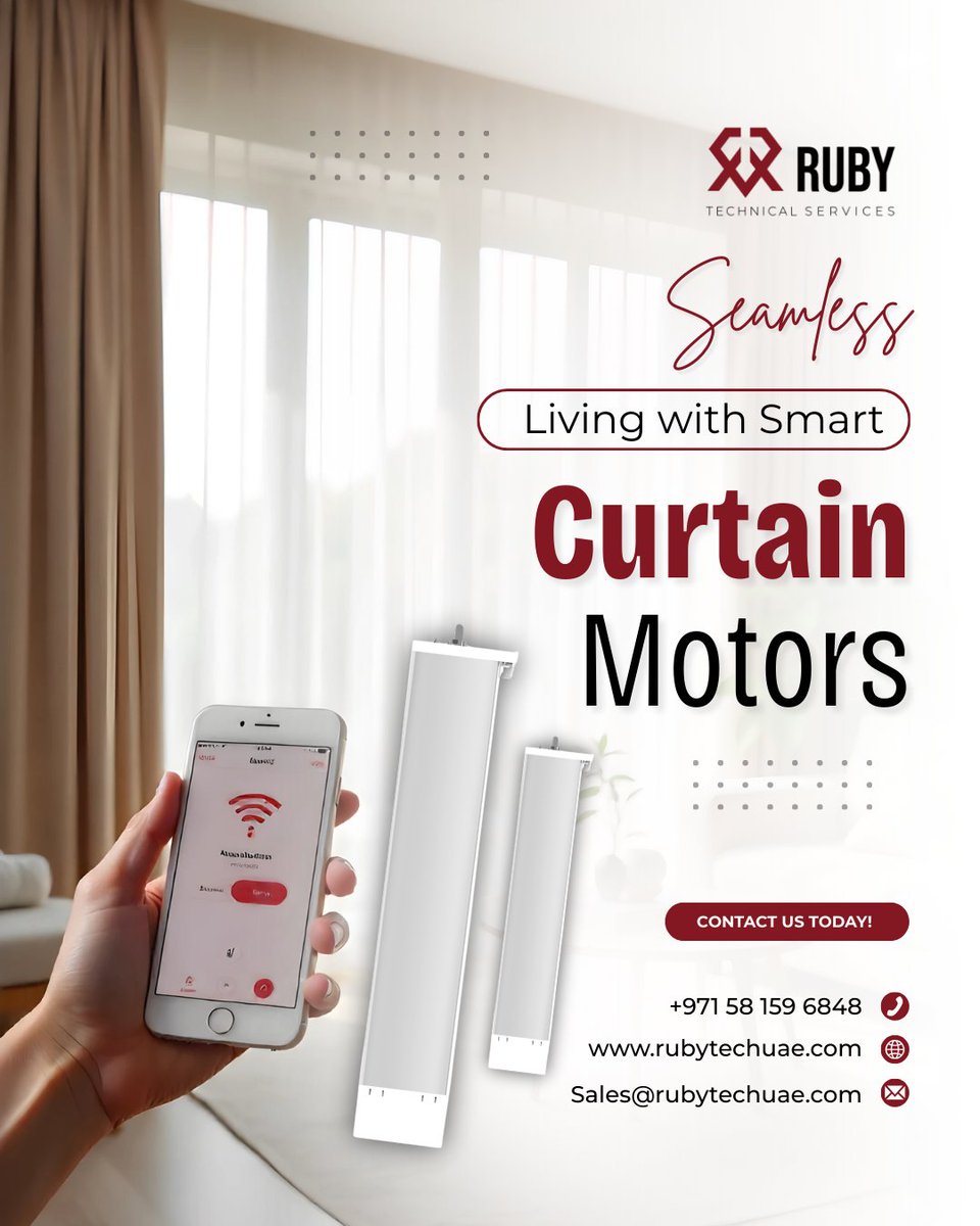rubytechuae's tweet image. ✨ Upgrade your home with Smart Curtain Motors from Ruby Technical Services!
Control your curtains with just a tap 📱 and enjoy seamless living. 🏠💡
📞 +971 58 159 6848 |
🌐 rubytechuae.com
#RubyTech #SmartLiving #HomeAutomation