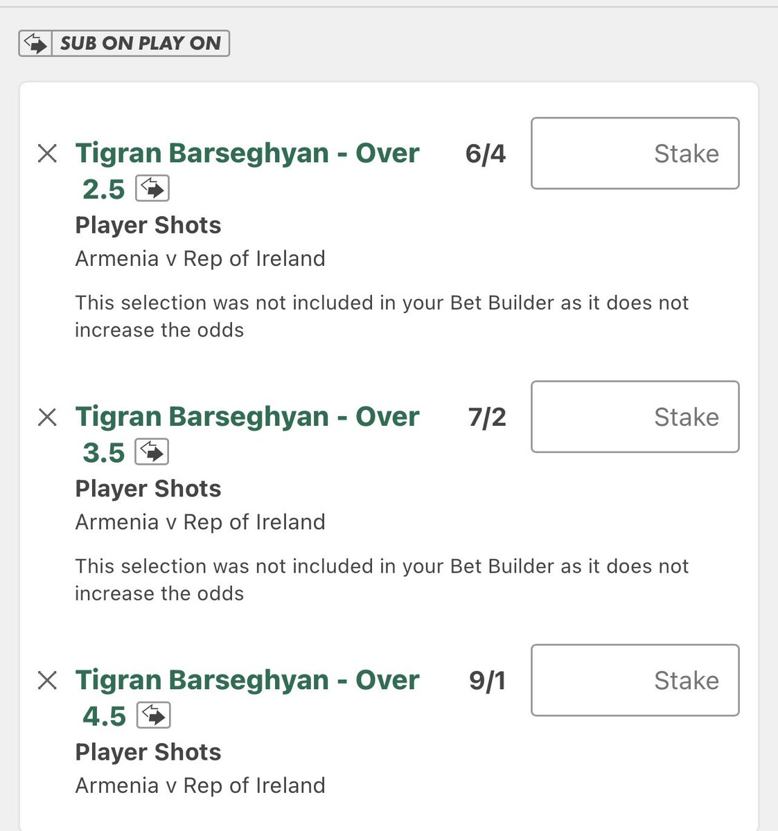 Armenia v Ireland 5pm 

Barseghyan shot ladder 🪜 

3+ 6/4 (2u)
4+ 7/2 (1u) 
5+ 9/1 (0.5u) 

Had 4 @ home vs Portugal, 3 @ home to Georgia &amp; his stats for club/country are below 

4-2-3-5-0-5–0-2-0-4-4-5
