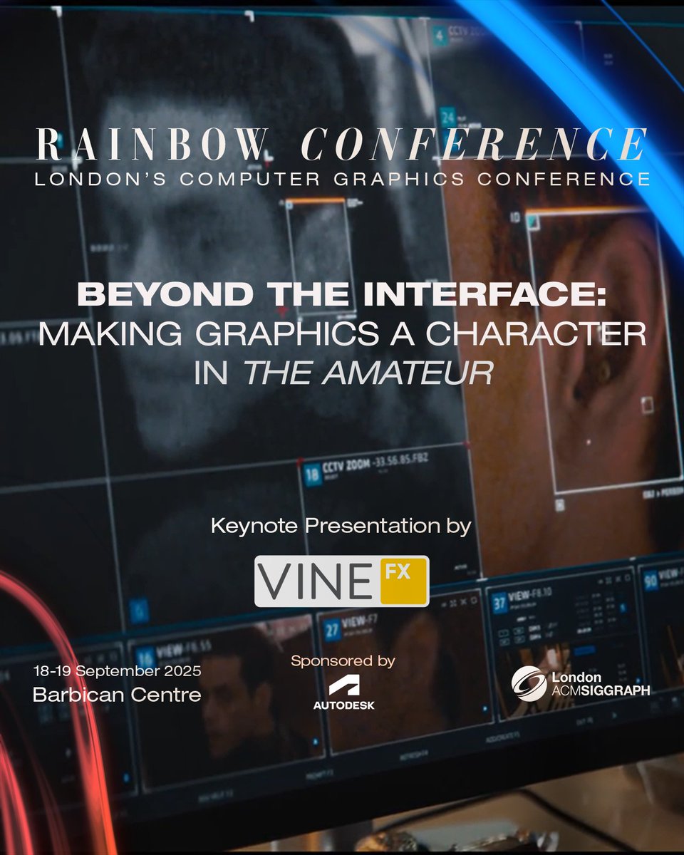 In The Amateur, Vine FX’s debut graphics project, screen graphics stepped out of the
background and onto centre stage, becoming storytellers in their own right.
📅 Friday 19th
🕗 5.30pm - 6.30pm
Conference is sponsored by <a href="/autodesk/">Autodesk</a> 
#cgi #vfx #animation #3d #conference