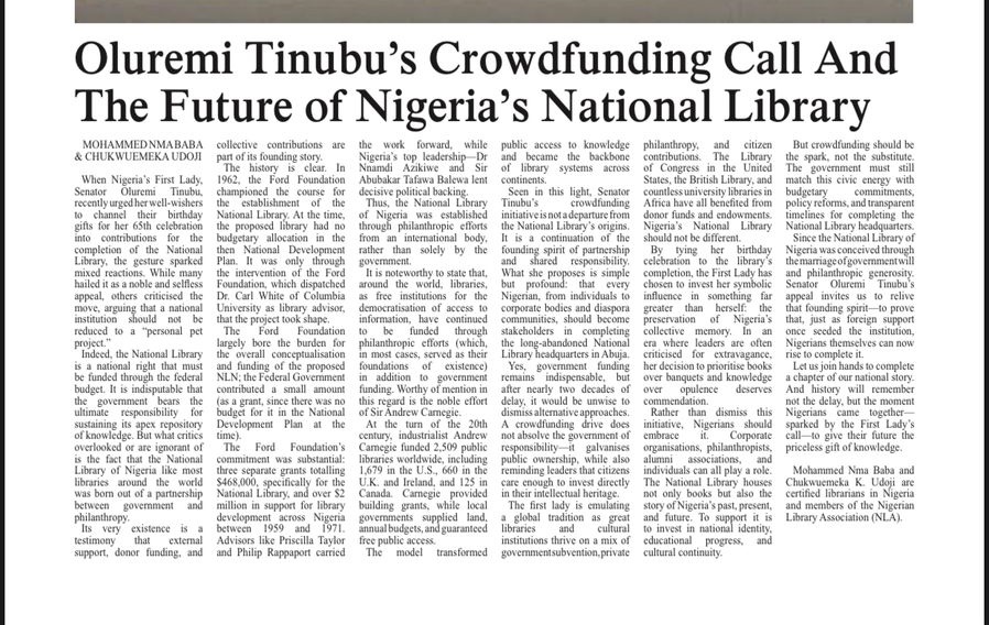 We are hopeful that the administration of <a href="/officialABAT/">Bola Ahmed Tinubu</a> with the support of his beloved wife <a href="/SenRemiTinubu/">Sen Oluremi Tinubu, CON</a> will soon give #Nigeria the #intellectual edifice <a href="/Librarygovng/">National Library of Nigeria</a> 
#Books #reading #library #education #literacy <a href="/KukoyiBusola/">Busola Kukoyi</a> <a href="/NigEducation/">Federal Ministry of Education</a> <a href="/TETFundNg/">TETFund</a>