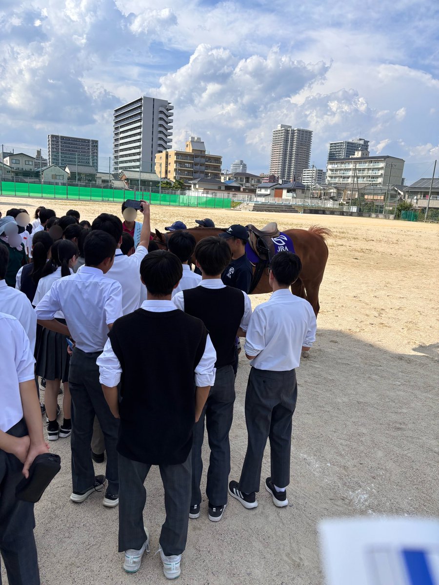 jta_official_'s tweet image. 栗東近隣の中学校で、高橋義忠調教師と同厩舎の矢野調教助手に職業講和の講師をして頂きました！
お話だけではなく、実際グラウンドで馬にも乗って、騎乗の説明などもして頂き、生徒さんも先生方にも興味持って見てもらえたと思います😊
職業選択の幅が広まればいいなと思います😆
#職業体験
#JRA