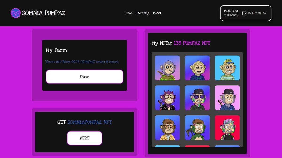 🎉 SOMNIA MAINNET  NFT'S YIELD FARMING IS LIVE 🎉

We're excited to announce that  NFTs yield farming is now LIVE on #SomniaMainnet. 
This is the first of its kind on <a href="/Somnia_Network/">Somnia</a> Mainnet 

Your #NFTs aren‘t just flex they‘re farming machines. 🌱🐒 
For every ApeOnSomnia NFT
